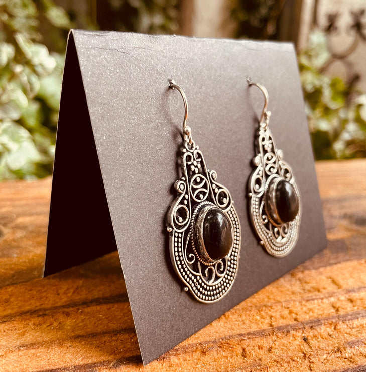 Large Black Onyx Silver Drop Dangle earrings / Birth Stone / Ethnic / Rustic / Yoga Hippie / Gypsy / Gift for Her / Bohemian / Festival