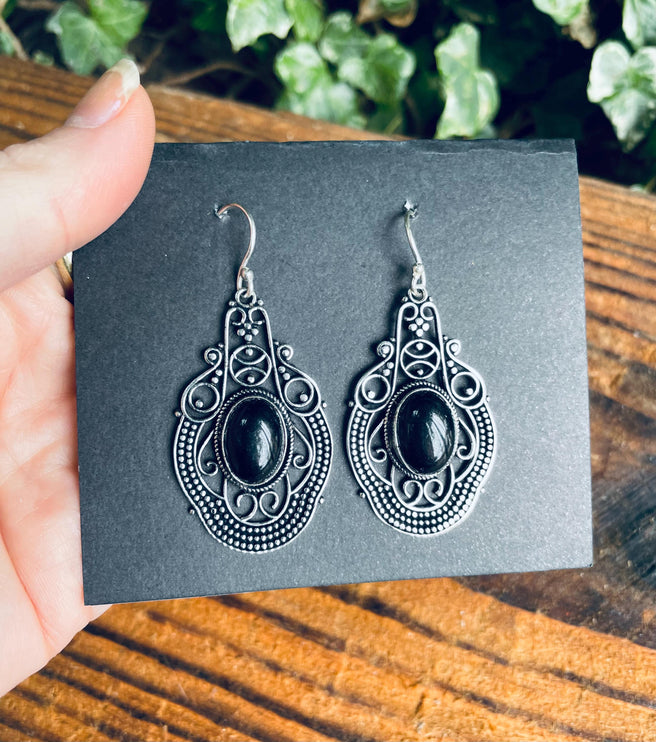 Large Black Onyx Silver Drop Dangle earrings / Birth Stone / Ethnic / Rustic / Yoga Hippie / Gypsy / Gift for Her / Bohemian / Festival