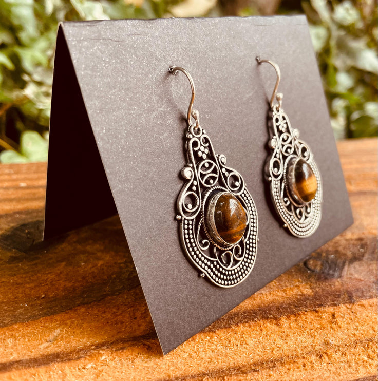 Tiger's Eye Large Silver Drop Dangle earrings / Birth Stone / Ethnic / Rustic / Yoga Hippie / Gypsy / Gift for Her / Bohemian / Festival