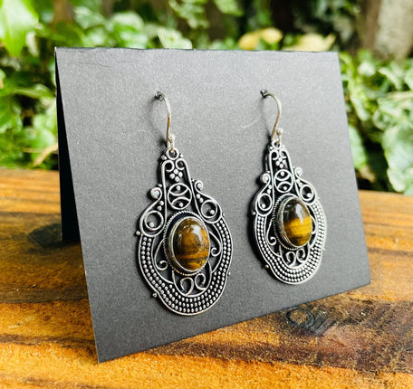 Tiger's Eye Large Silver Drop Dangle earrings / Birth Stone / Ethnic / Rustic / Yoga Hippie / Gypsy / Gift for Her / Bohemian / Festival