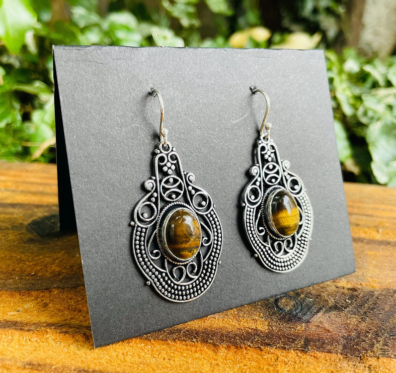 Tiger's Eye Large Silver Drop Dangle earrings / Birth Stone / Ethnic / Rustic / Yoga Hippie / Gypsy / Gift for Her / Bohemian / Festival