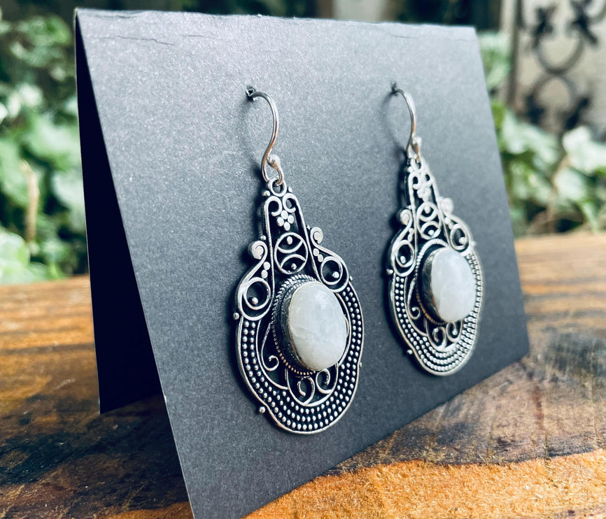 Moonstone Large Silver Drop Dangle earrings / Birth Stone / Ethnic / Rustic / Yoga Hippie / Gypsy / Gift for Her / Bohemian / Festival