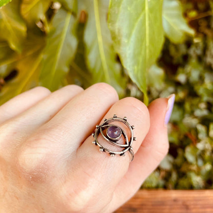 Silver Eye Amethyst Ring / Unique Gemstone Ring / Unisex Ring / Illuminati / Third Eye / Boho / Ethnic / Rustic / Gypsy / Psy / Gift for Her