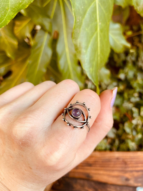 Silver Eye Amethyst Ring / Unique Gemstone Ring / Unisex Ring / Illuminati / Third Eye / Boho / Ethnic / Rustic / Gypsy / Psy / Gift for Her