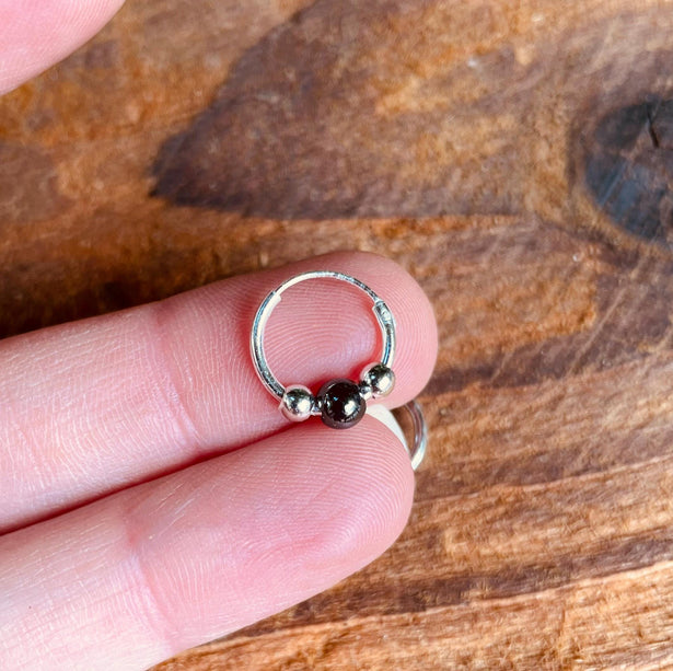 Mini Sterling Silver 925 Hoop Earrings Black Ball / Clicker Jewellery / Small Hoops / Rustic / Yoga / Hippie / Boho / Bohemian / Unisex