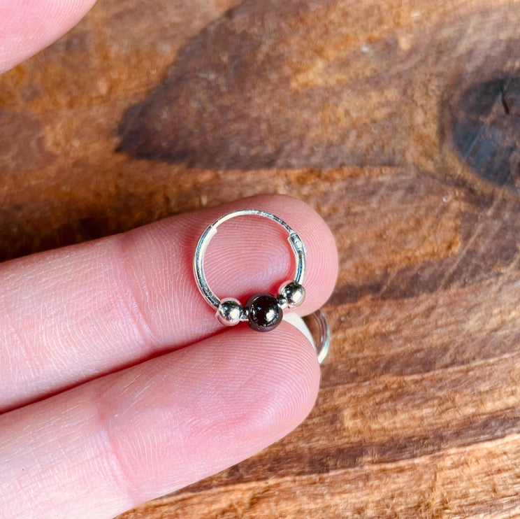 Mini Sterling Silver 925 Hoop Earrings Black Ball / Clicker Jewellery / Small Hoops / Rustic / Yoga / Hippie / Boho / Bohemian / Unisex