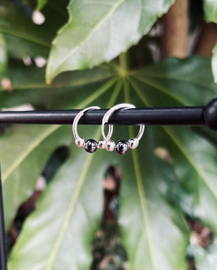 Mini Sterling Silver 925 Hoop Earrings Black Ball / Clicker Jewellery / Small Hoops / Rustic / Yoga / Hippie / Boho / Bohemian / Unisex