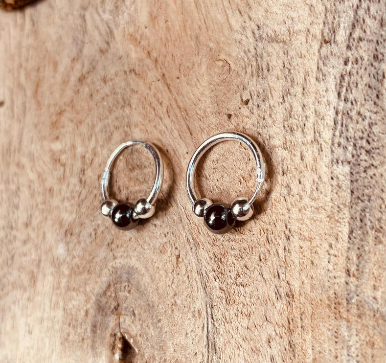 Mini Sterling Silver 925 Hoop Earrings Black Ball / Clicker Jewellery / Small Hoops / Rustic / Yoga / Hippie / Boho / Bohemian / Unisex