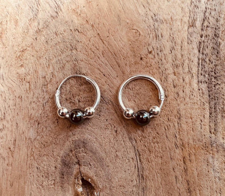 Mini Sterling Silver 925 Hoop Earrings Black Ball / Clicker Jewellery / Small Hoops / Rustic / Yoga / Hippie / Boho / Bohemian / Unisex