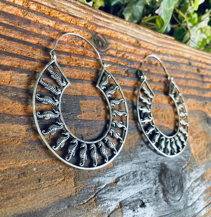 Silver Sea Horse Earrings Extra Large Hoops / Lightweight / Unique Gift / Boho Jewellery / Ethnic / Rustic / Festival / Gypsy / Hippie