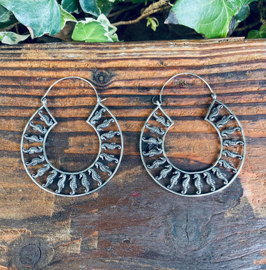 Silver Sea Horse Earrings Extra Large Hoops / Lightweight / Unique Gift / Boho Jewellery / Ethnic / Rustic / Festival / Gypsy / Hippie