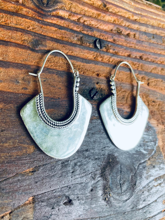 Indian Style Long Drop Silver Earrings; Ethnic, Geometric, rustic, yoga, hippie, gypsy, pretty, psy, boho, bohemian, festival