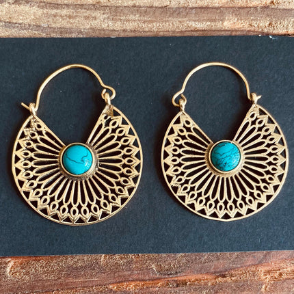 Boho Earrings Golden Ethnic Turquoise Ethnic, rustic, yoga, hippie, gypsy, pretty, psy, boho, bohemian, festival