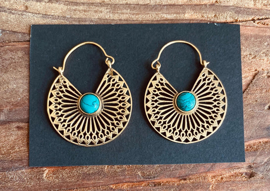 Boho Earrings Golden Ethnic Turquoise Ethnic, rustic, yoga, hippie, gypsy, pretty, psy, boho, bohemian, festival