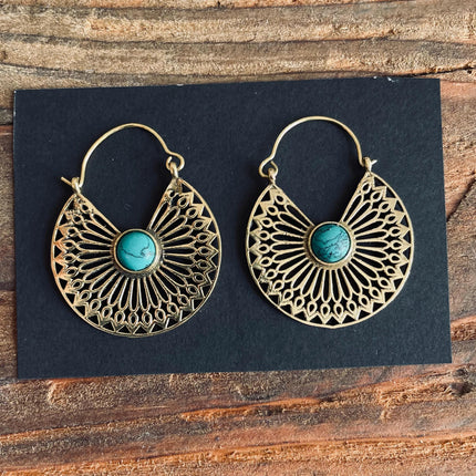 Boho Earrings Golden Ethnic Turquoise Ethnic, rustic, yoga, hippie, gypsy, pretty, psy, boho, bohemian, festival