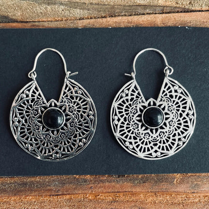 Boho Earrings Black Onyx Silver Hoop Earrings / Ethnic / Rustic / Yoga / pretty, psy, Bohemian Look / Festival Style / Gift for Her