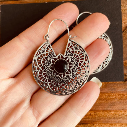 Boho Earrings Black Onyx Silver Hoop Earrings / Ethnic / Rustic / Yoga / pretty, psy, Bohemian Look / Festival Style / Gift for Her