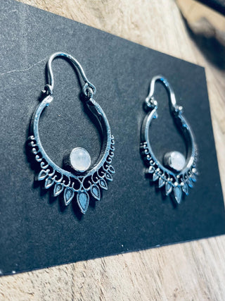 Silver Moonstone Earrings / Small / Mandala / Ethnic / Rustic / Yoga / Hippie / Gypsy / Psy / Bohemian / Festival
