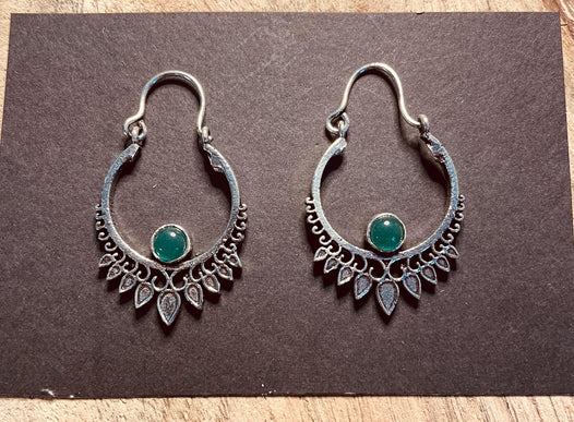 Small Silver Boho Earrings Green Onyx Brass Earrings / Mandala / Ethnic / Rustic / Yoga / Hippie / Gypsy / Psy / Bohemian / Festival