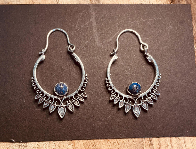 Small Boho Silver Earrings Lapis Lazuli / Triangle / Mandala / Ethnic / Rustic / Yoga / Hippie / Gypsy / Psy / Bohemian / Festival