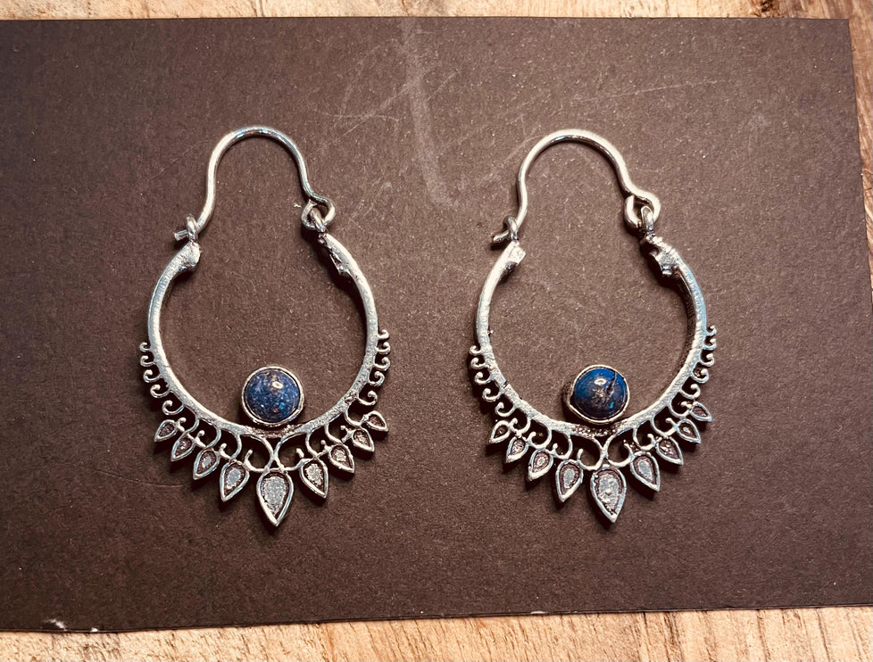 Small Boho Silver Earrings Lapis Lazuli / Triangle / Mandala / Ethnic / Rustic / Yoga / Hippie / Gypsy / Psy / Bohemian / Festival