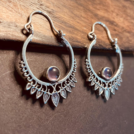 Small Boho Silver Earrings Amethyst / Triangle / Mandala / Ethnic / Rustic / Yoga / Hippie / Gypsy / Psy / Bohemian / Festival