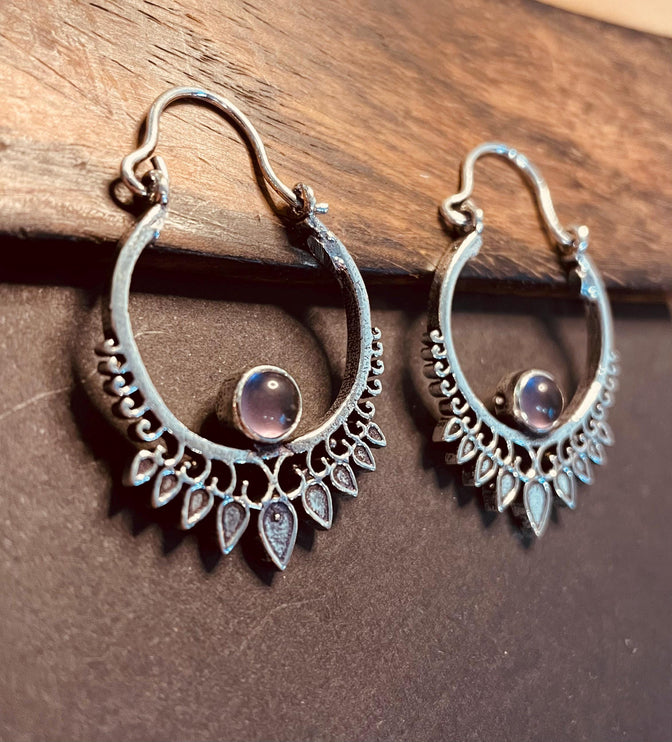 Small Boho Silver Earrings Amethyst / Triangle / Mandala / Ethnic / Rustic / Yoga / Hippie / Gypsy / Psy / Bohemian / Festival