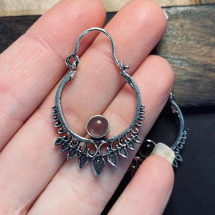Small Boho Silver Earrings Amethyst / Triangle / Mandala / Ethnic / Rustic / Yoga / Hippie / Gypsy / Psy / Bohemian / Festival