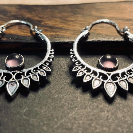 Small Boho Silver Earrings Amethyst / Triangle / Mandala / Ethnic / Rustic / Yoga / Hippie / Gypsy / Psy / Bohemian / Festival