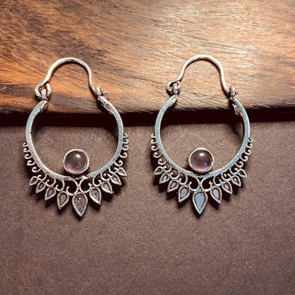 Small Boho Silver Earrings Amethyst / Triangle / Mandala / Ethnic / Rustic / Yoga / Hippie / Gypsy / Psy / Bohemian / Festival
