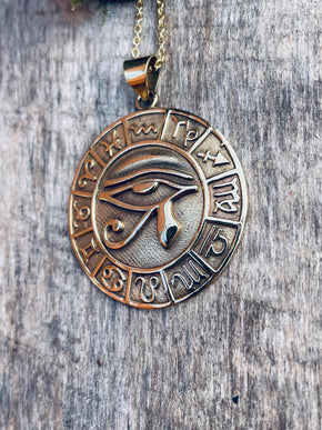 Eye of Horus Gold Necklace Large Pendant / Brass / Stainless Steel Chain / Ancient Egypt / Ra / Hieroglyphics / Ethnic / Boho / Bohemian