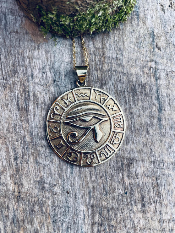 Eye of Horus Gold Necklace Large Pendant / Brass / Stainless Steel Chain / Ancient Egypt / Ra / Hieroglyphics / Ethnic / Boho / Bohemian