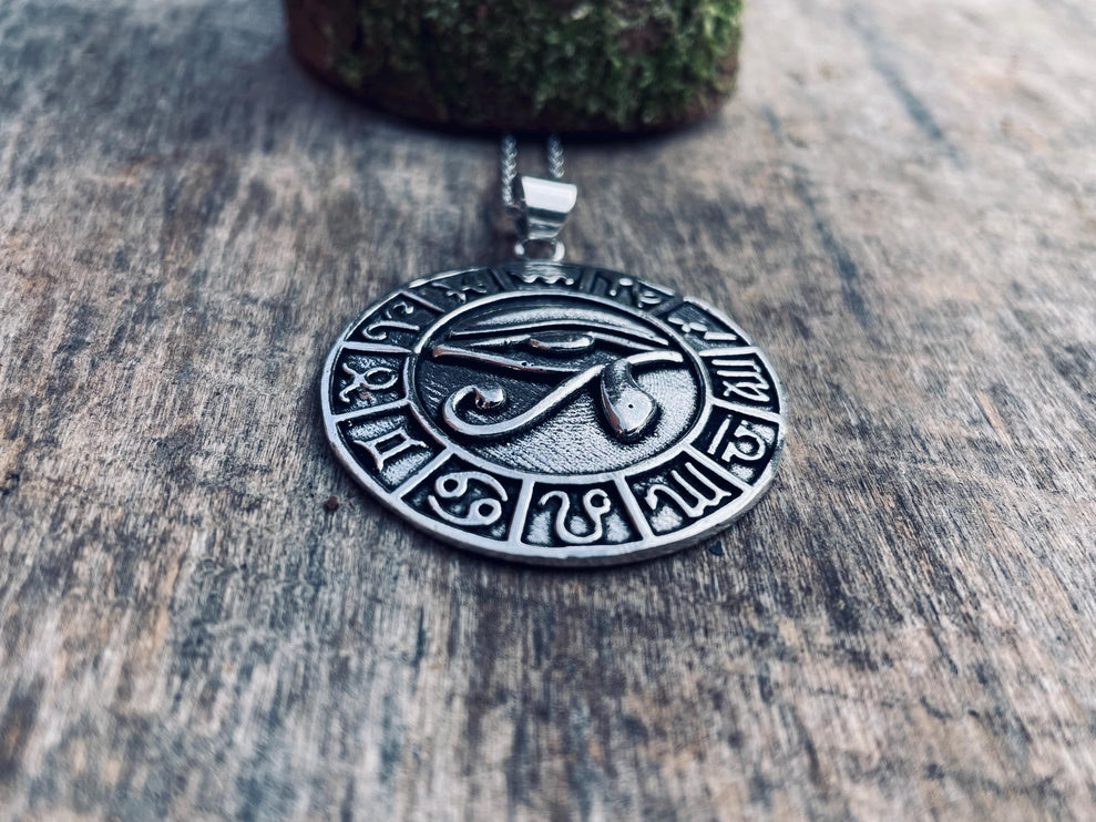 Eye of Horus Silver Necklace Large Pendant / Stainless Steel Chain / Ancient Egypt / Ra / Hieroglyphics / Ethnic / Boho / Bohemian