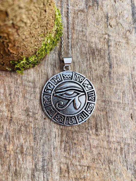 Eye of Horus Silver Necklace Large Pendant / Stainless Steel Chain / Ancient Egypt / Ra / Hieroglyphics / Ethnic / Boho / Bohemian