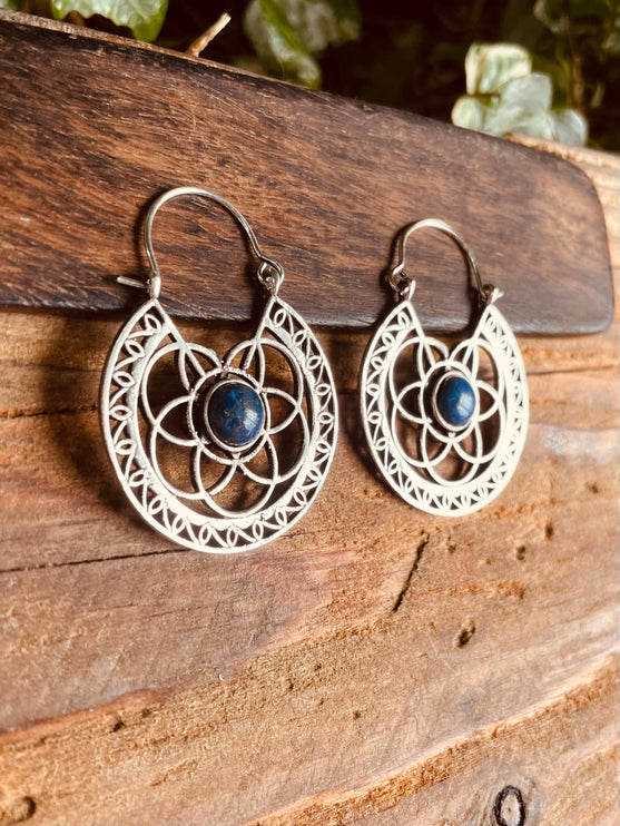 Lapis Lazuli Silver Hoop Earrings Ethnic, rustic, yoga, hippie, gypsy, pretty, psy, boho, bohemian, festival