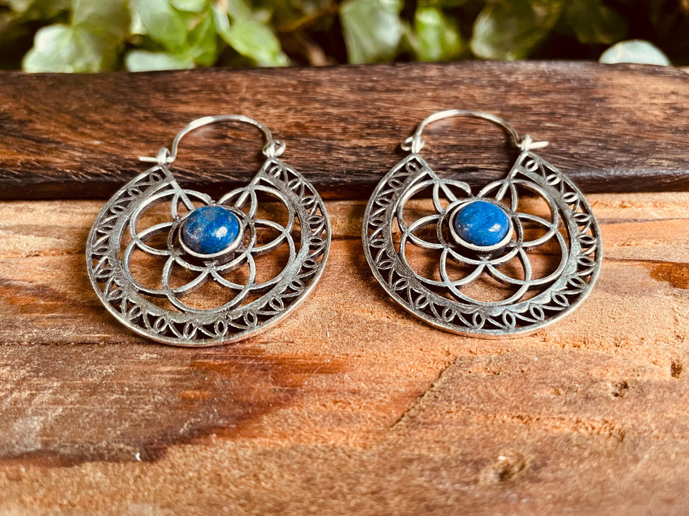 Lapis Lazuli Silver Hoop Earrings Ethnic, rustic, yoga, hippie, gypsy, pretty, psy, boho, bohemian, festival