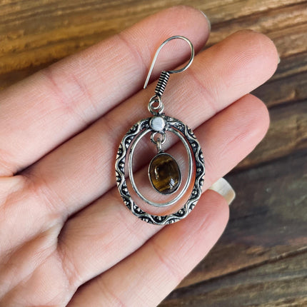 Tiger's Eye Silver Drop Dangle earrings / Birth Stone / Ethnic / rustic, yoga, hippie, gypsy, pretty, psy, boho, bohemian, festival