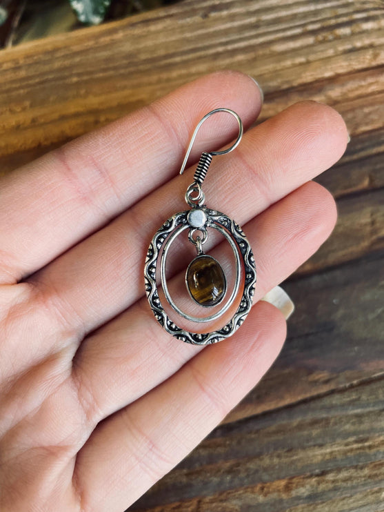 Tiger's Eye Silver Drop Dangle earrings / Birth Stone / Ethnic / rustic, yoga, hippie, gypsy, pretty, psy, boho, bohemian, festival