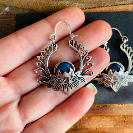 Lapis Lazuli Earrings Silver Lotus Flower / Boho Jewellery / Bohemian Style / Hippie / Bohemian Look / Gift For Her / Festival