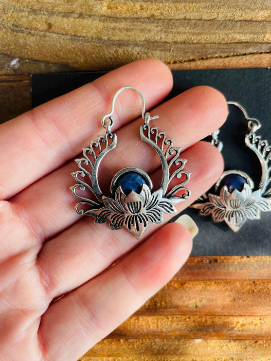 Lapis Lazuli Earrings Silver Lotus Flower / Boho Jewellery / Bohemian Style / Hippie / Bohemian Look / Gift For Her / Festival