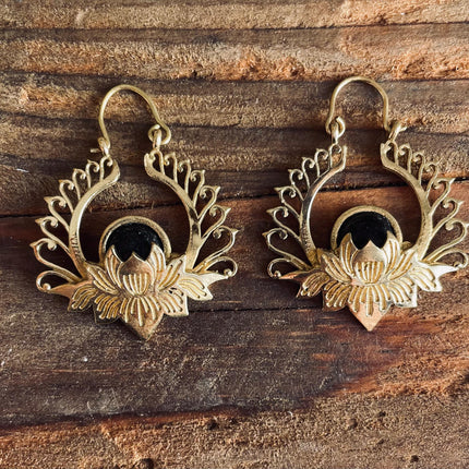 Black Onyx Earrings Gold Lotus Flower Brass Jewelery / Rustic / Yoga / Boho Jewellery Bohemian Style / Festival Look / Ibiza / Gift for Her
