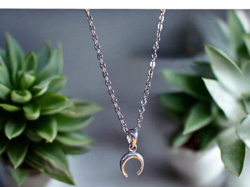 Sterling Silver Moon Necklace Crescent Moon / Stainless Steel Chain / Hypoallergenic / Silver / Boho / Hippie / Rustic / Ethnic /