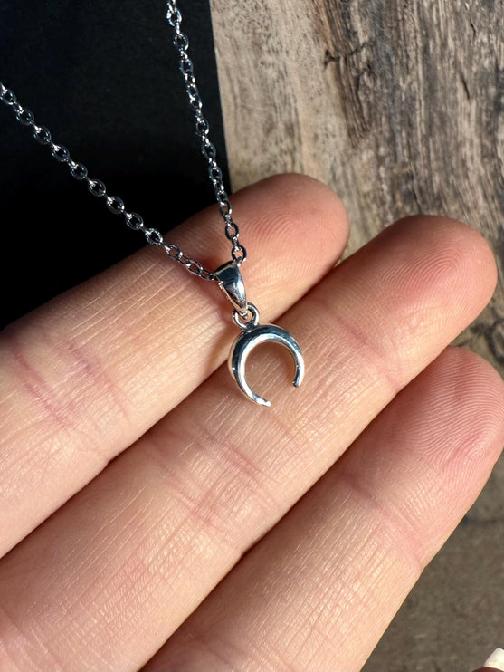 Sterling Silver Moon Necklace Crescent Moon / Stainless Steel Chain / Hypoallergenic / Silver / Boho / Hippie / Rustic / Ethnic /