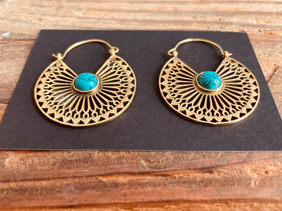 Boho Earrings Golden Ethnic Turquoise Ethnic, rustic, yoga, hippie, gypsy, pretty, psy, boho, bohemian, festival