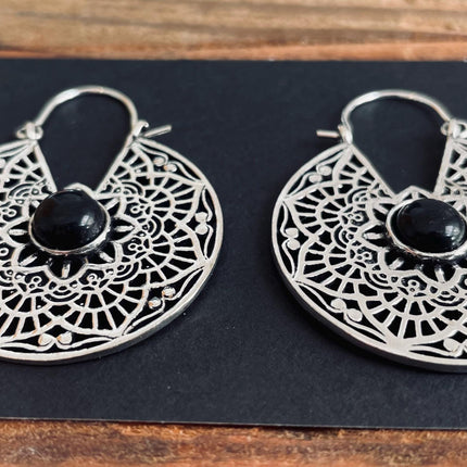 Boho Earrings Black Onyx Silver Hoop Earrings / Ethnic / Rustic / Yoga / pretty, psy, Bohemian Look / Festival Style / Gift for Her