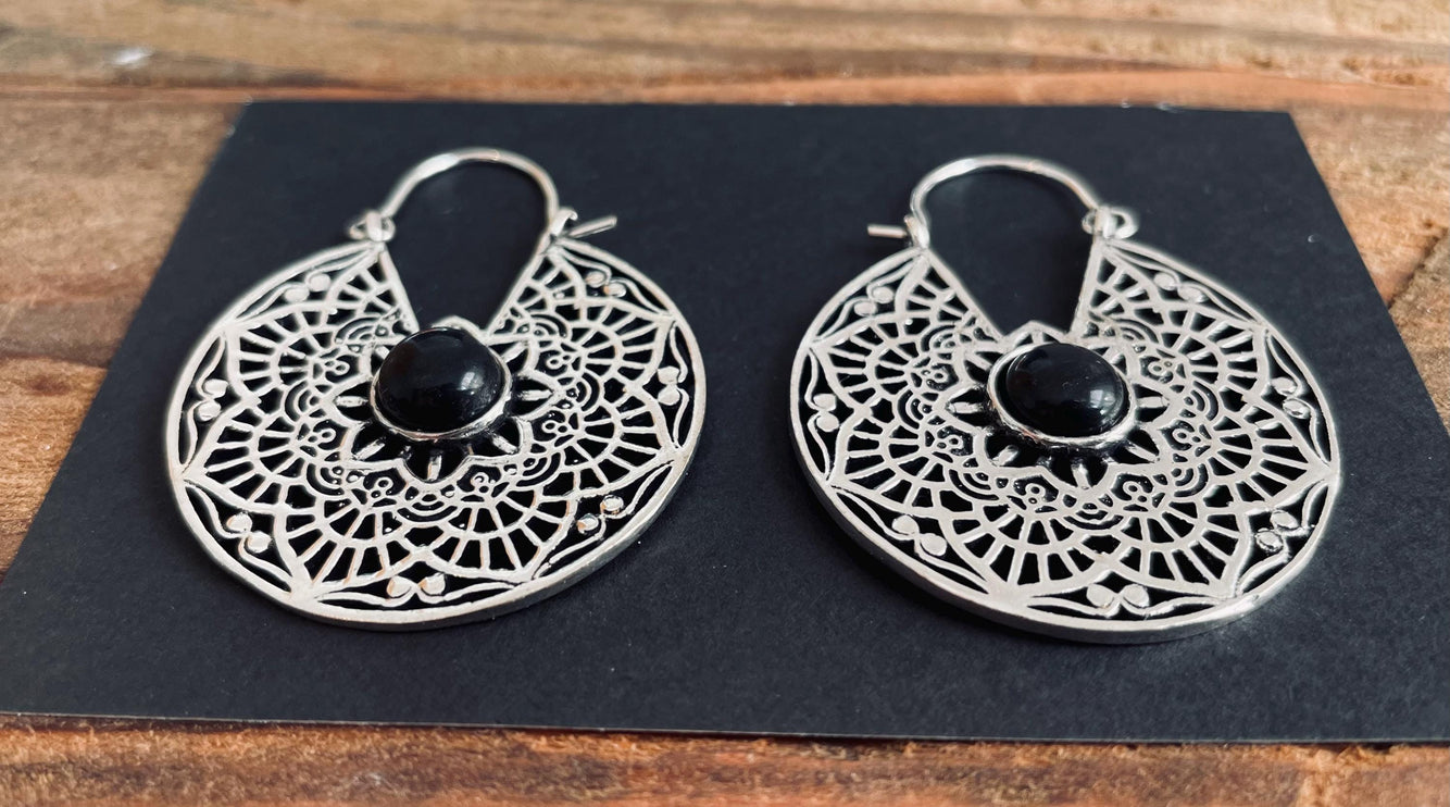 Boho Earrings Black Onyx Silver Hoop Earrings / Ethnic / Rustic / Yoga / pretty, psy, Bohemian Look / Festival Style / Gift for Her