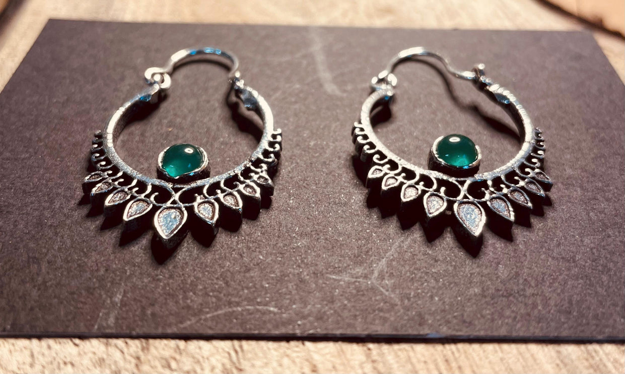 Small Silver Boho Earrings Green Onyx Brass Earrings / Mandala / Ethnic / Rustic / Yoga / Hippie / Gypsy / Psy / Bohemian / Festival