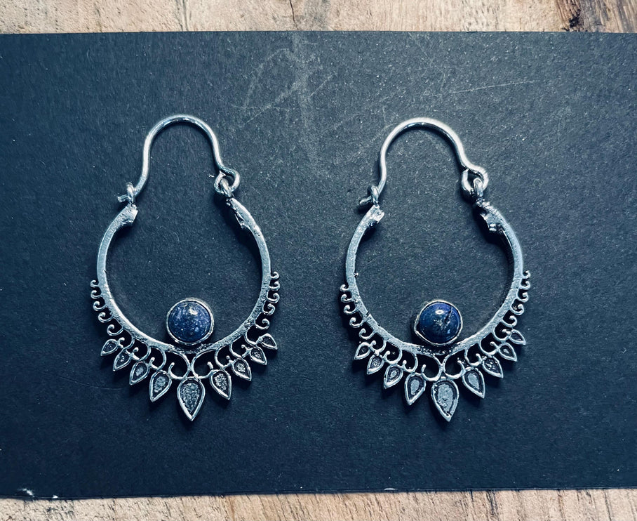 Small Boho Silver Earrings Lapis Lazuli / Triangle / Mandala / Ethnic / Rustic / Yoga / Hippie / Gypsy / Psy / Bohemian / Festival