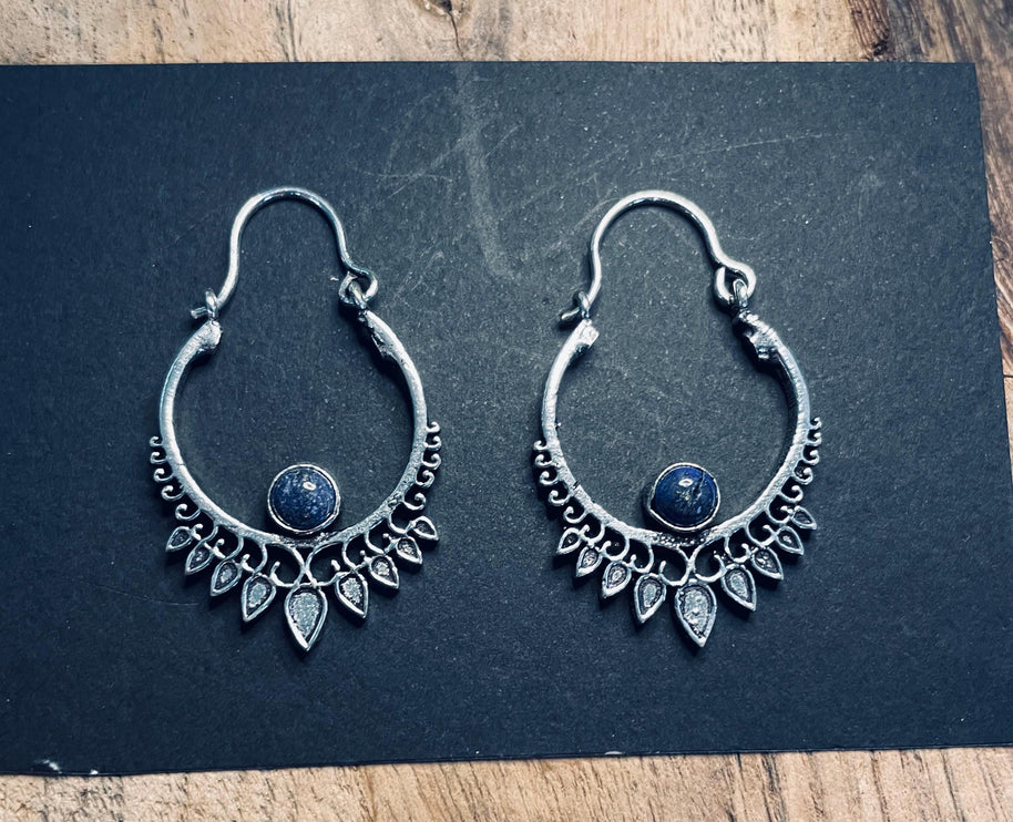 Small Boho Silver Earrings Lapis Lazuli / Triangle / Mandala / Ethnic / Rustic / Yoga / Hippie / Gypsy / Psy / Bohemian / Festival