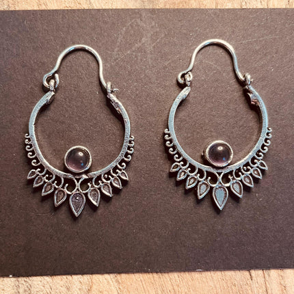 Small Boho Silver Earrings Amethyst / Triangle / Mandala / Ethnic / Rustic / Yoga / Hippie / Gypsy / Psy / Bohemian / Festival